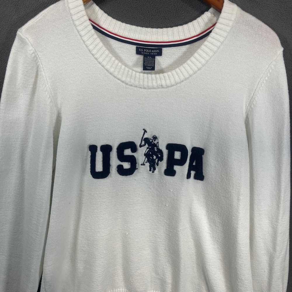 US Polo Assn Womens XL White USPA Chenille Logo Knit Pullover Sweater
